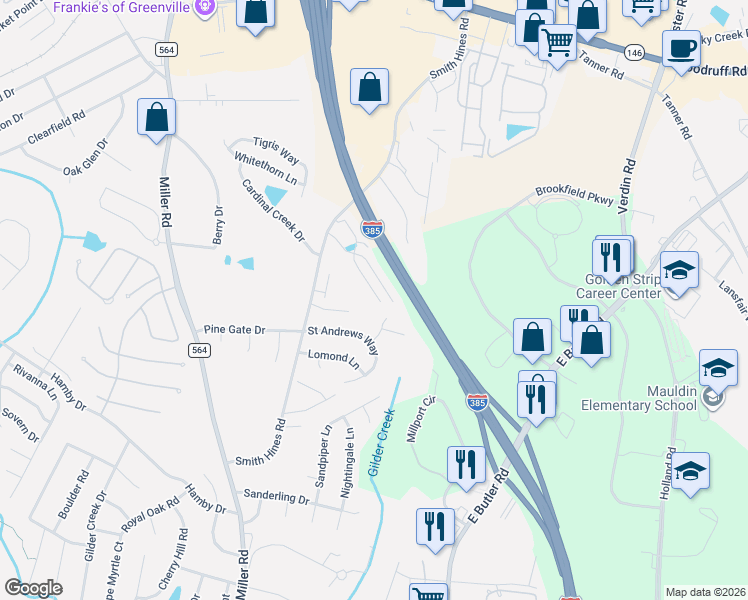 map of restaurants, bars, coffee shops, grocery stores, and more near 435 Christiane Way in Greenville