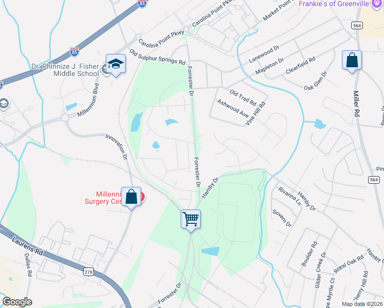 map of restaurants, bars, coffee shops, grocery stores, and more near 380 Forrester Drive in Greenville