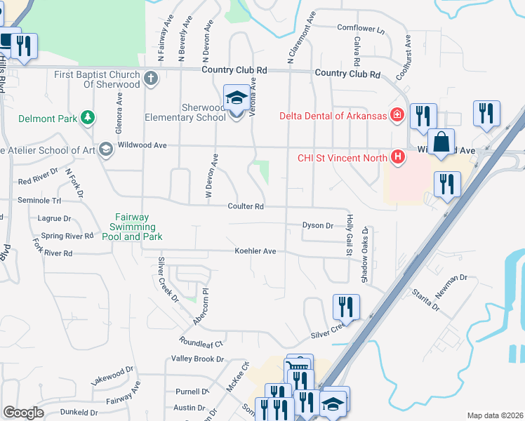 map of restaurants, bars, coffee shops, grocery stores, and more near 612 Verona Avenue in Sherwood