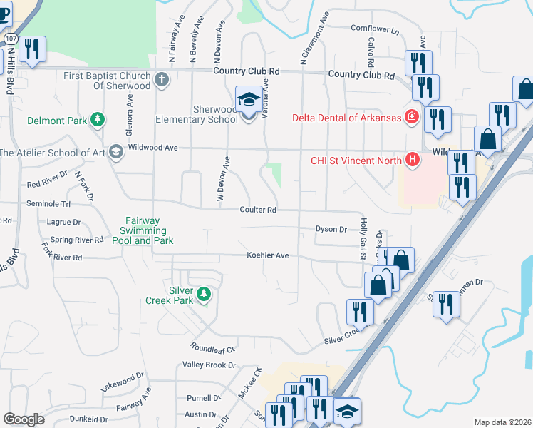 map of restaurants, bars, coffee shops, grocery stores, and more near 614 East Devon Avenue in Sherwood