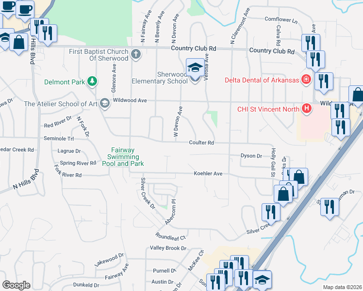 map of restaurants, bars, coffee shops, grocery stores, and more near 610 East Devon Avenue in Sherwood