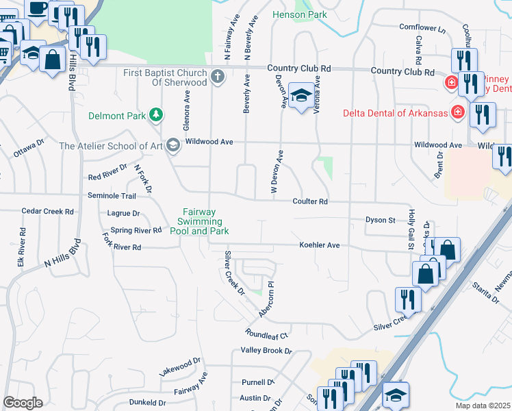 map of restaurants, bars, coffee shops, grocery stores, and more near 608 East Beverly Avenue in Sherwood