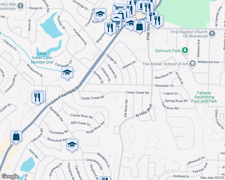map of restaurants, bars, coffee shops, grocery stores, and more near 6201 Pawnee Drive in North Little Rock