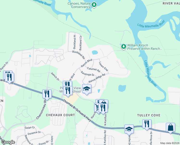 map of restaurants, bars, coffee shops, grocery stores, and more near 1 Keeneland Drive in Little Rock