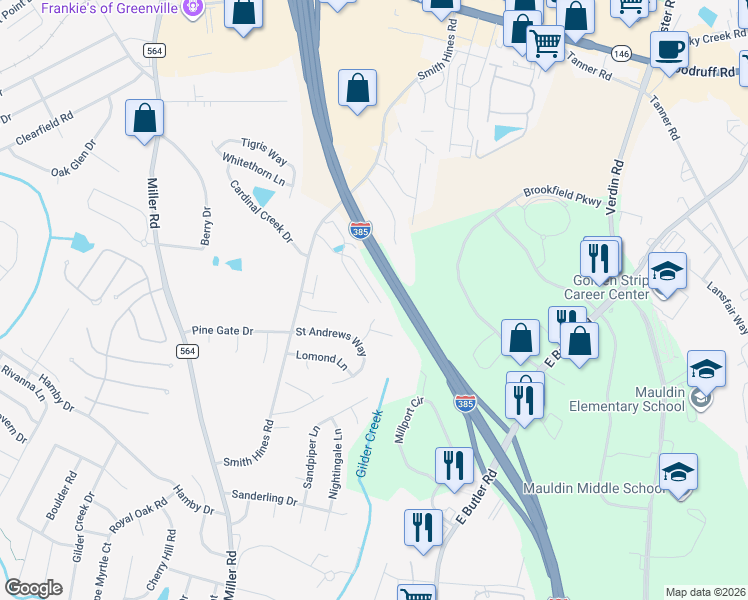 map of restaurants, bars, coffee shops, grocery stores, and more near 435 Christiane Way in Greenville