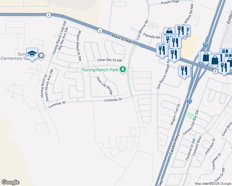 map of restaurants, bars, coffee shops, grocery stores, and more near 2891 Desert Sage Avenue Southwest in Los Lunas
