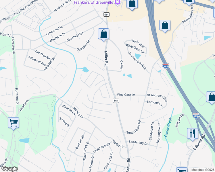 map of restaurants, bars, coffee shops, grocery stores, and more near 66 Barnwood Circle in Greenville