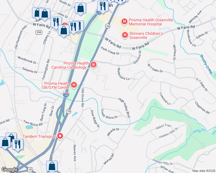 map of restaurants, bars, coffee shops, grocery stores, and more near 32 Stoney Point Drive in Greenville