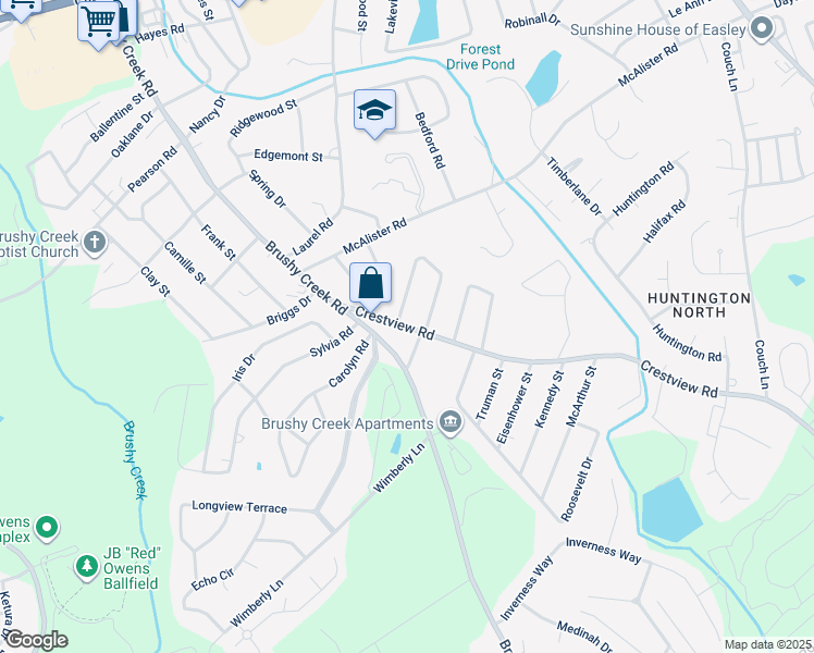 map of restaurants, bars, coffee shops, grocery stores, and more near 233 Crestview Road in Easley