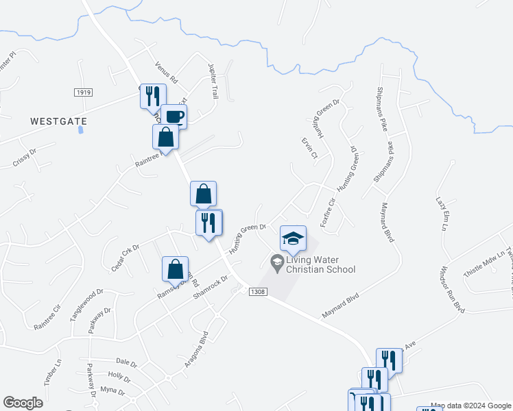 map of restaurants, bars, coffee shops, grocery stores, and more near 109 Hearthstone Court in Jacksonville