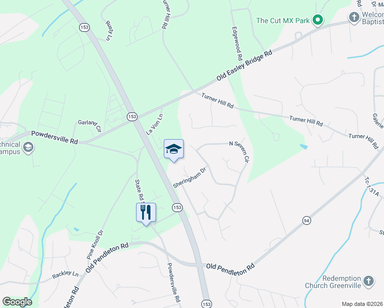 map of restaurants, bars, coffee shops, grocery stores, and more near 242 North Severn Circle in Easley