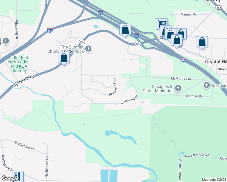 map of restaurants, bars, coffee shops, grocery stores, and more near 80 Prospect Trail in North Little Rock
