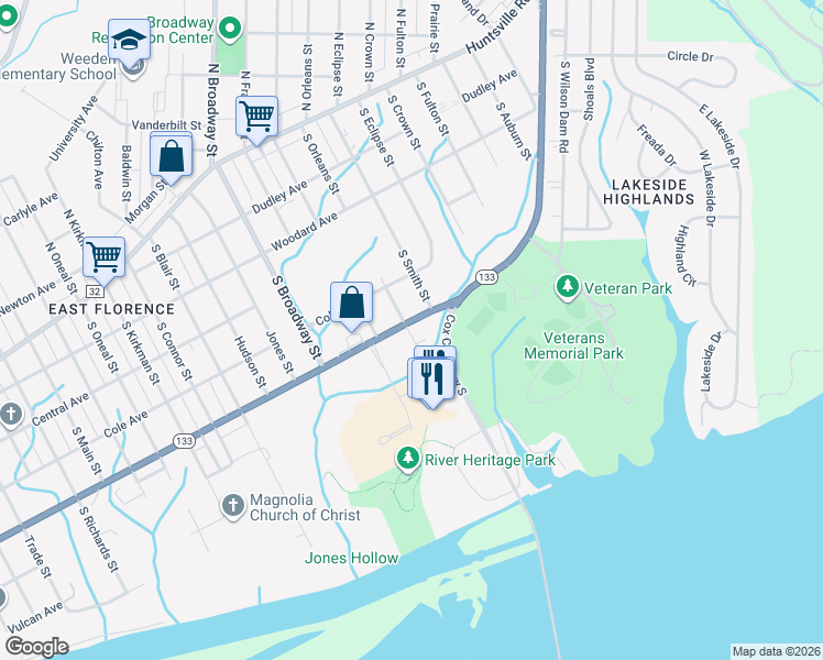 map of restaurants, bars, coffee shops, grocery stores, and more near 3501 Veterans Drive in Florence