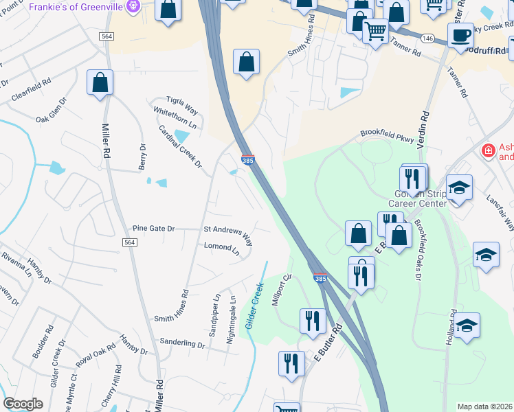 map of restaurants, bars, coffee shops, grocery stores, and more near 452 Christiane Way in Greenville