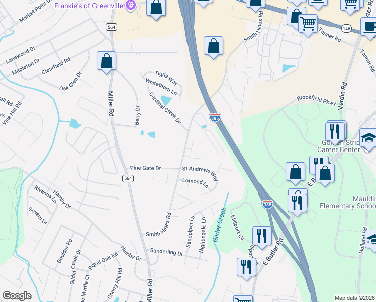 map of restaurants, bars, coffee shops, grocery stores, and more near 117 Emerywood Lane in Greenville