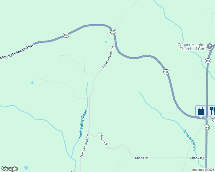 map of restaurants, bars, coffee shops, grocery stores, and more near 443 Back Valley Road in Chickamauga