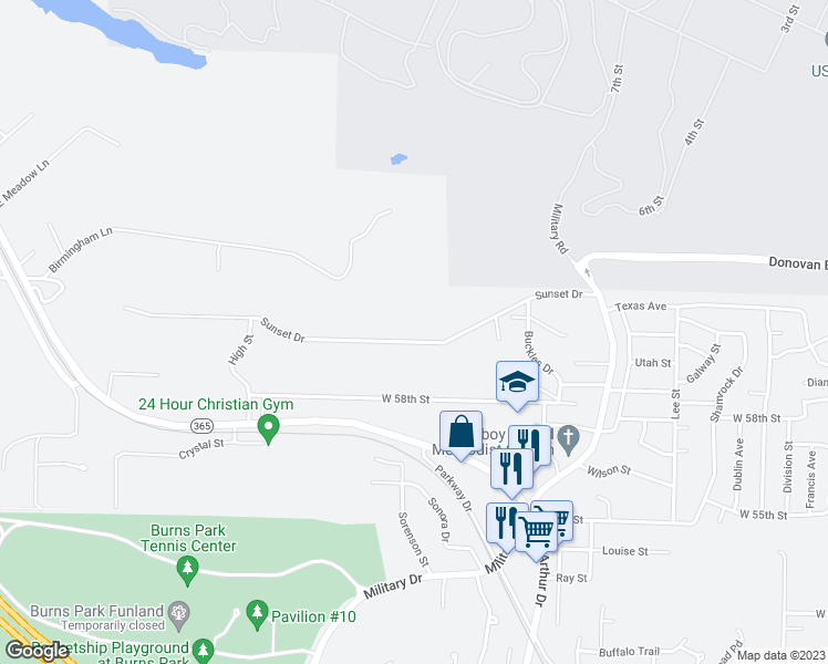 map of restaurants, bars, coffee shops, grocery stores, and more near 66 Sunset Drive in North Little Rock