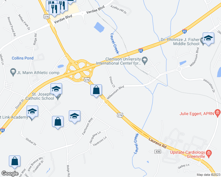 map of restaurants, bars, coffee shops, grocery stores, and more near 202 Millennium Boulevard in Greenville