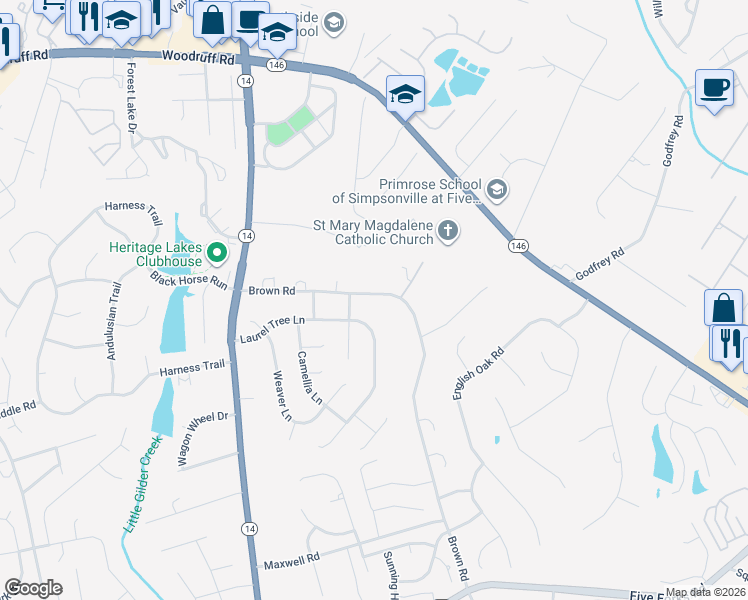 map of restaurants, bars, coffee shops, grocery stores, and more near 305 Brown Road in Simpsonville