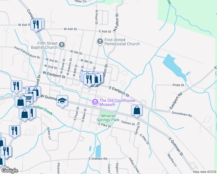 map of restaurants, bars, coffee shops, grocery stores, and more near 101 North Aberdeen Street in Iuka