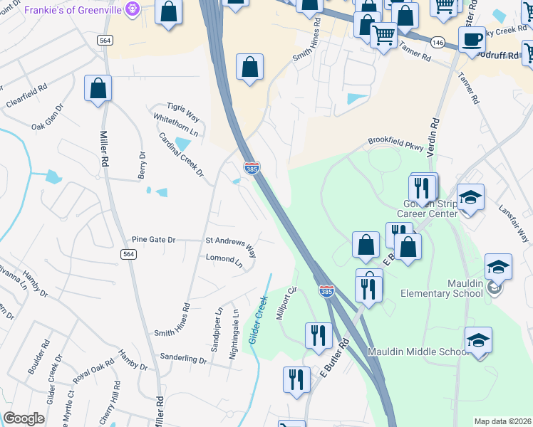 map of restaurants, bars, coffee shops, grocery stores, and more near 435 Christiane Way in Greenville