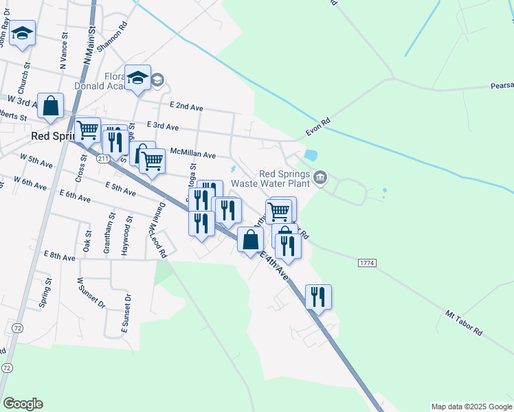 map of restaurants, bars, coffee shops, grocery stores, and more near 611 Marlboro Avenue in Red Springs