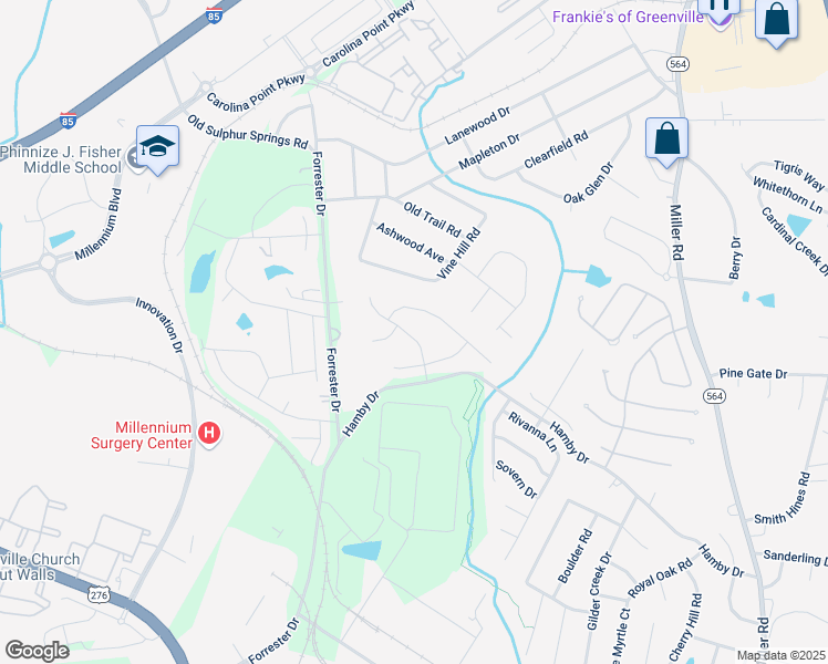 map of restaurants, bars, coffee shops, grocery stores, and more near 108 Pink Blossom Court in Greenville