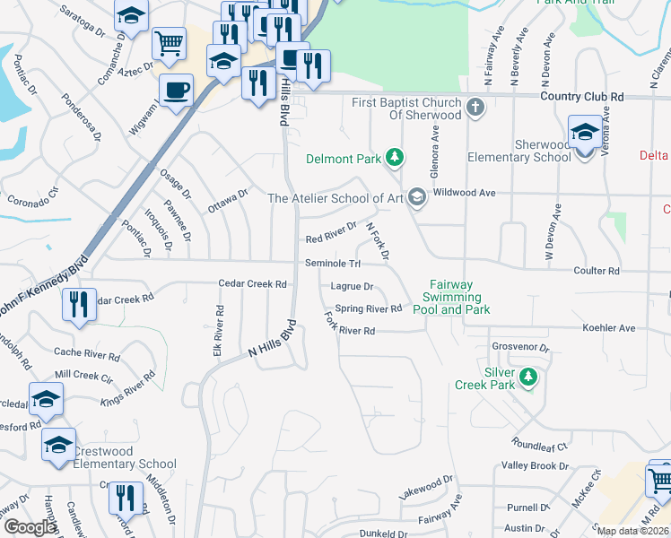 map of restaurants, bars, coffee shops, grocery stores, and more near 3006 Seminole Trail in Sherwood
