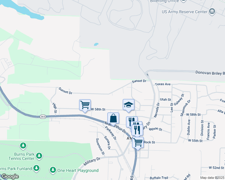 map of restaurants, bars, coffee shops, grocery stores, and more near 42 Sunset Drive in North Little Rock