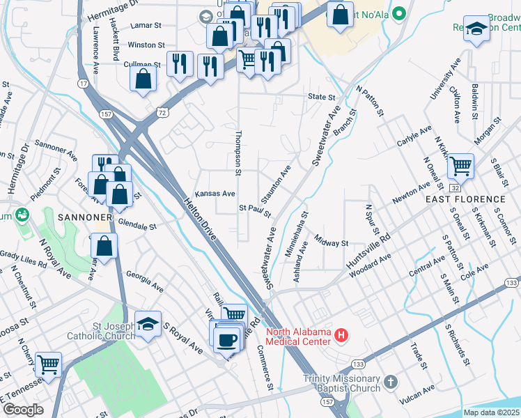 map of restaurants, bars, coffee shops, grocery stores, and more near 418 Staunton Avenue in Florence