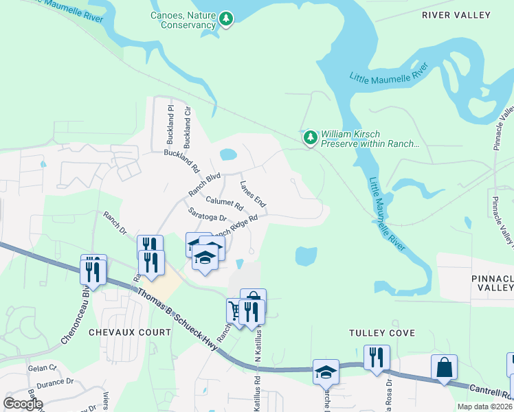 map of restaurants, bars, coffee shops, grocery stores, and more near 8 Lanes End in Little Rock