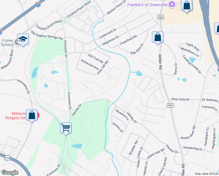 map of restaurants, bars, coffee shops, grocery stores, and more near 106 Glenmont Lane in Greenville