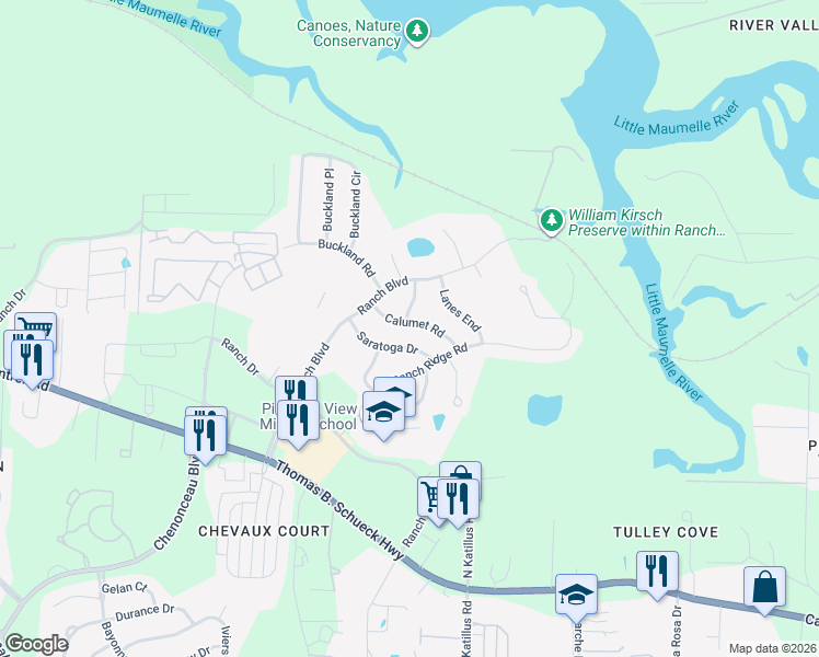map of restaurants, bars, coffee shops, grocery stores, and more near 1 Keeneland Drive in Little Rock