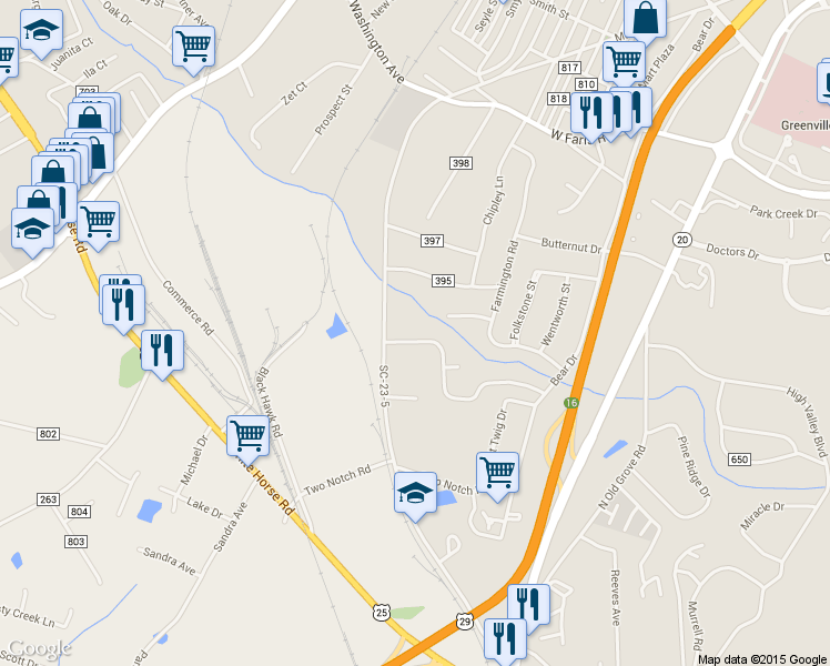 map of restaurants, bars, coffee shops, grocery stores, and more near 7 Kathryan Court in Greenville