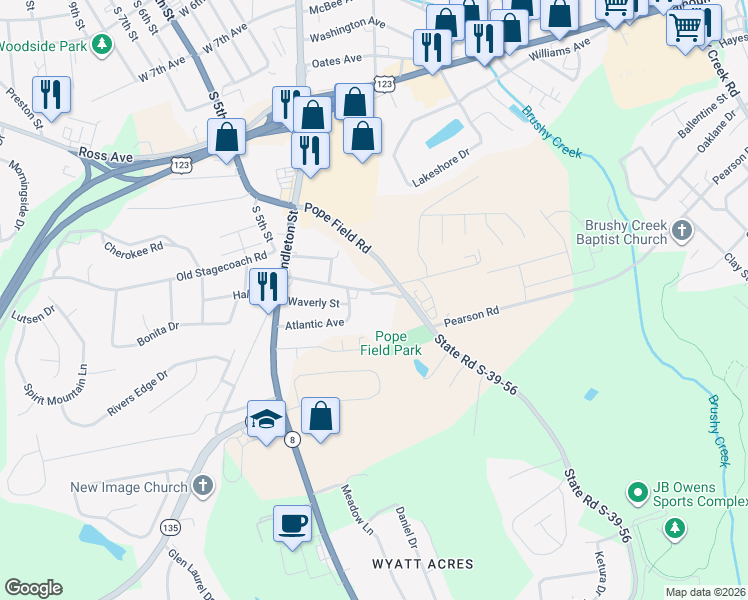 map of restaurants, bars, coffee shops, grocery stores, and more near 102 Legion Street in Easley