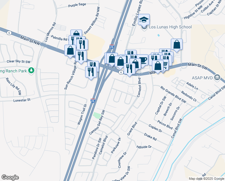 map of restaurants, bars, coffee shops, grocery stores, and more near 455 Camino Del Rey Southwest in Los Lunas