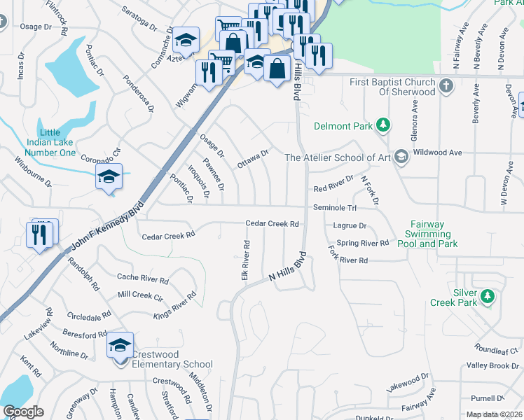 map of restaurants, bars, coffee shops, grocery stores, and more near 6200 Blackhawk Drive in North Little Rock