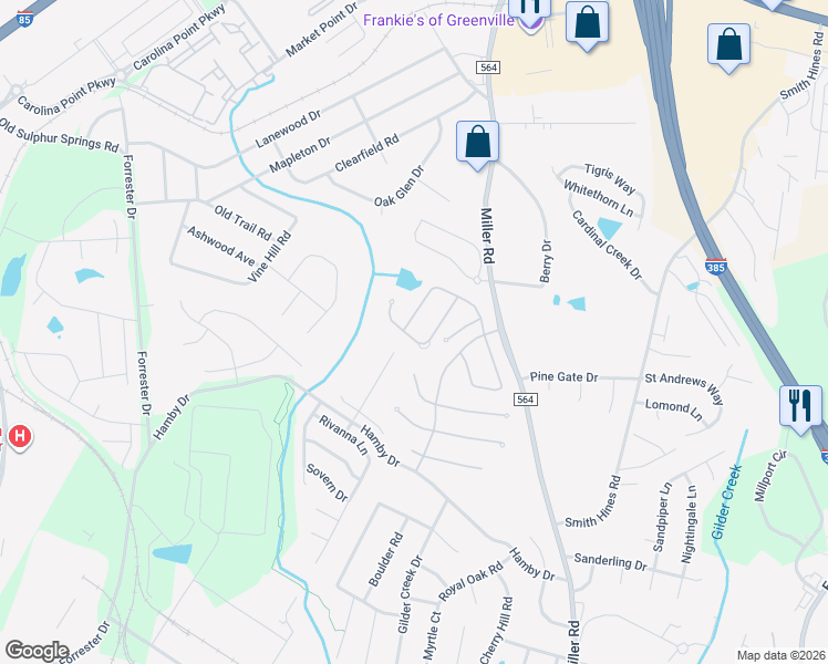 map of restaurants, bars, coffee shops, grocery stores, and more near 223 Little Pond Drive in Greenville