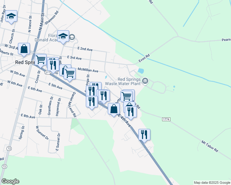map of restaurants, bars, coffee shops, grocery stores, and more near 611 Marlboro Avenue in Red Springs