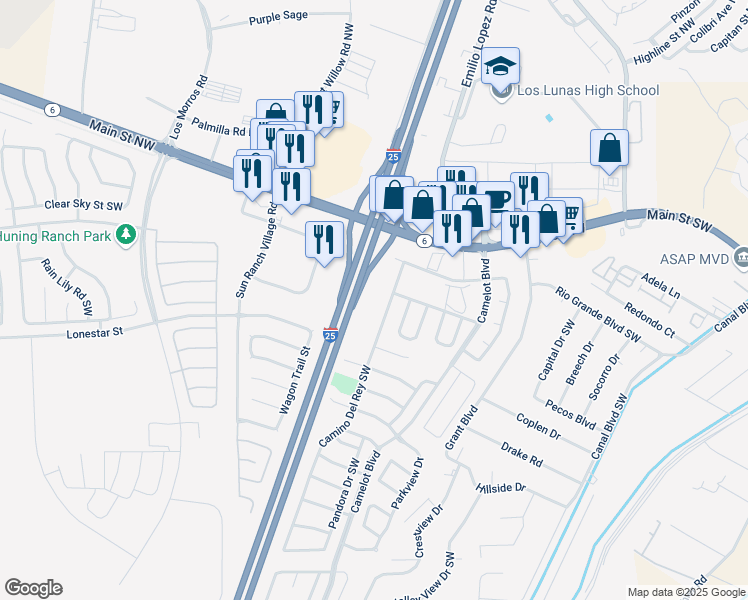 map of restaurants, bars, coffee shops, grocery stores, and more near 455 Camino Del Rey Southwest in Los Lunas