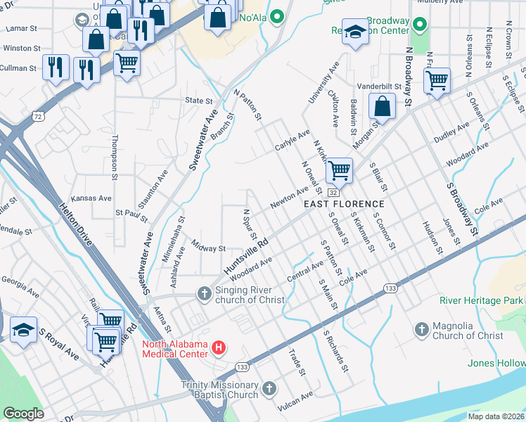 map of restaurants, bars, coffee shops, grocery stores, and more near 2301 Newton Avenue in Florence