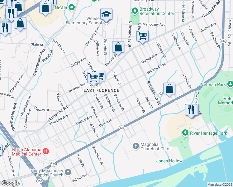 map of restaurants, bars, coffee shops, grocery stores, and more near 207 South Connor Street in Florence
