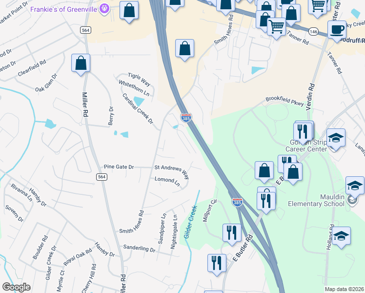 map of restaurants, bars, coffee shops, grocery stores, and more near 134 Awendaw Way in Greenville