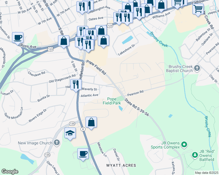 map of restaurants, bars, coffee shops, grocery stores, and more near 118 Legion Street in Easley