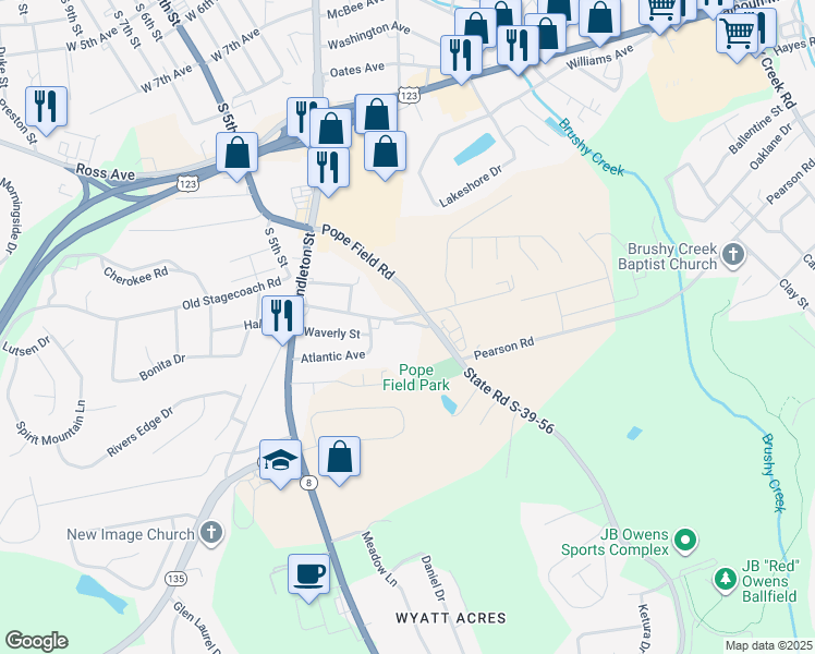 map of restaurants, bars, coffee shops, grocery stores, and more near 118 Legion Street in Easley