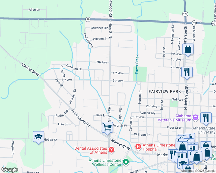 map of restaurants, bars, coffee shops, grocery stores, and more near 801 Hine Street North in Athens