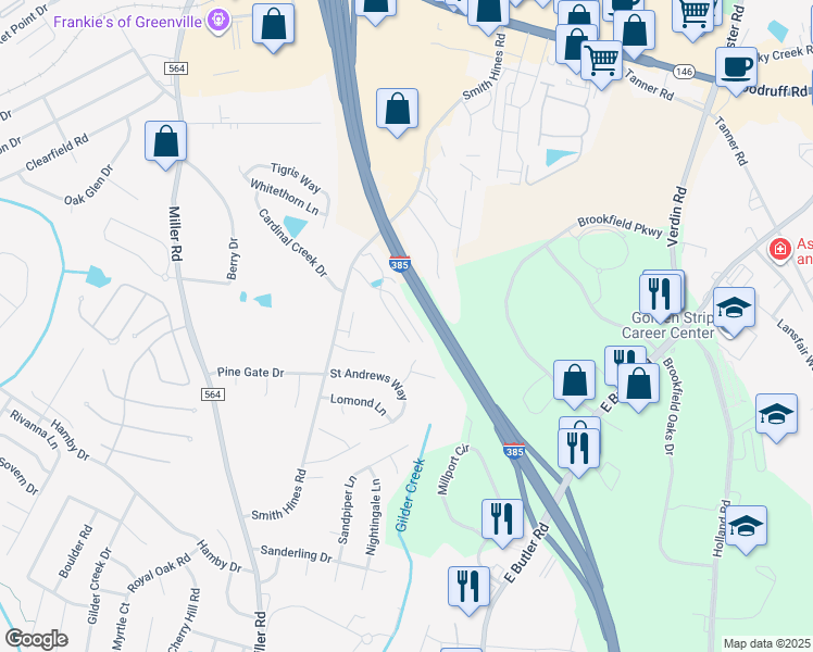 map of restaurants, bars, coffee shops, grocery stores, and more near 438 Christiane Way in Greenville