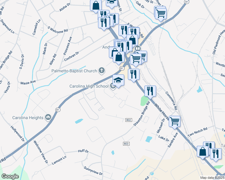 map of restaurants, bars, coffee shops, grocery stores, and more near 2725 Anderson Road in Greenville