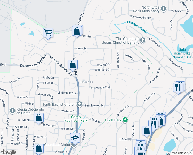 map of restaurants, bars, coffee shops, grocery stores, and more near 17 Sagewood Court in North Little Rock