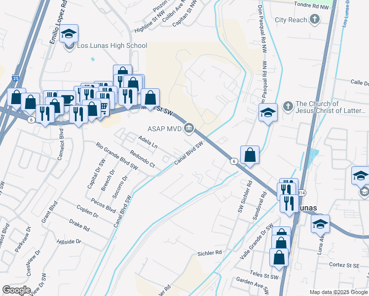 map of restaurants, bars, coffee shops, grocery stores, and more near 300 Canal Boulevard Southwest in Los Lunas